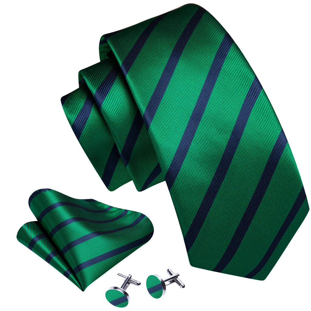 Forest Green Blue Striped Silk Tie, Pocket Square and Cufflinks Set tie sets - Sophisticated Gentlemen