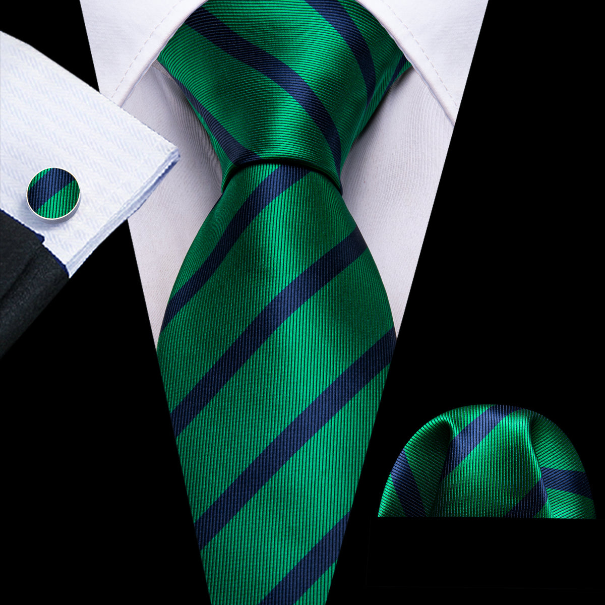 Forest Green Blue Striped Silk Tie, Pocket Square and Cufflinks Set tie sets - Sophisticated Gentlemen