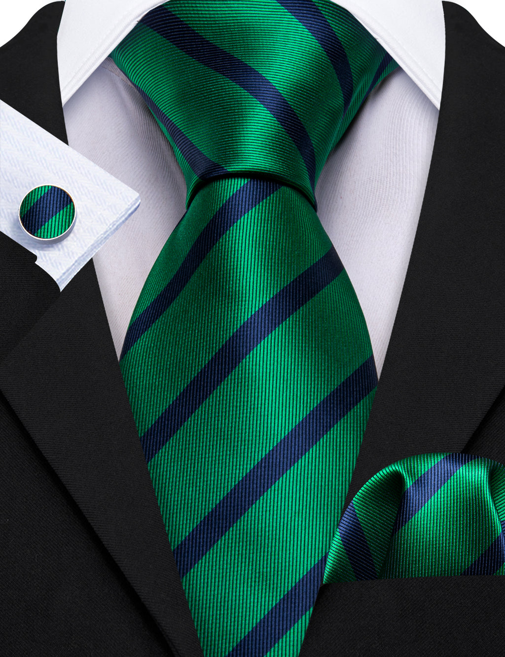 Forest Green Blue Striped Silk Tie, Pocket Square and Cufflinks Set tie sets - Sophisticated Gentlemen