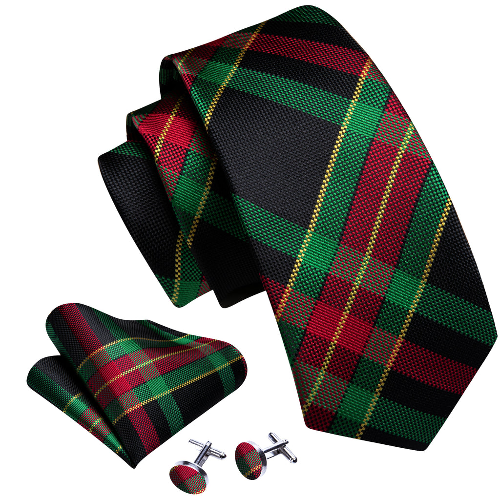 Green and Red Scottish Plaid Woven Tie, Pocket Square, and Cufflinks Set tie sets - Sophisticated Gentlemen