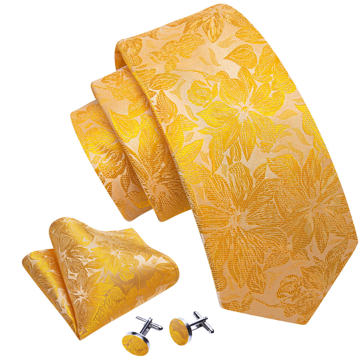 Gold Yellow Floral Tie, Pocket Square and Cufflinks Set tie sets - Sophisticated Gentlemen