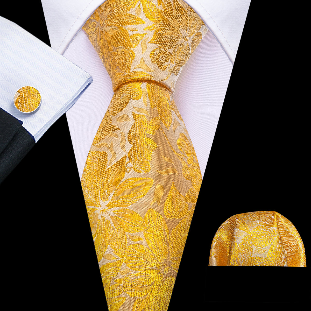 Gold Yellow Floral Tie, Pocket Square and Cufflinks Set tie sets - Sophisticated Gentlemen