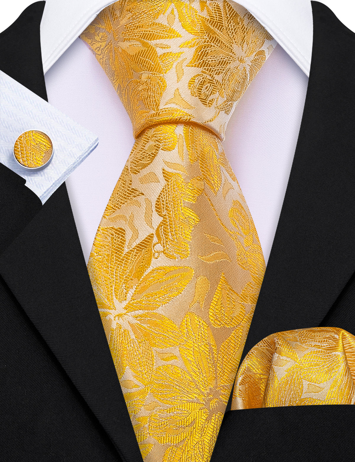 Gold Yellow Floral Tie, Pocket Square and Cufflinks Set tie sets - Sophisticated Gentlemen