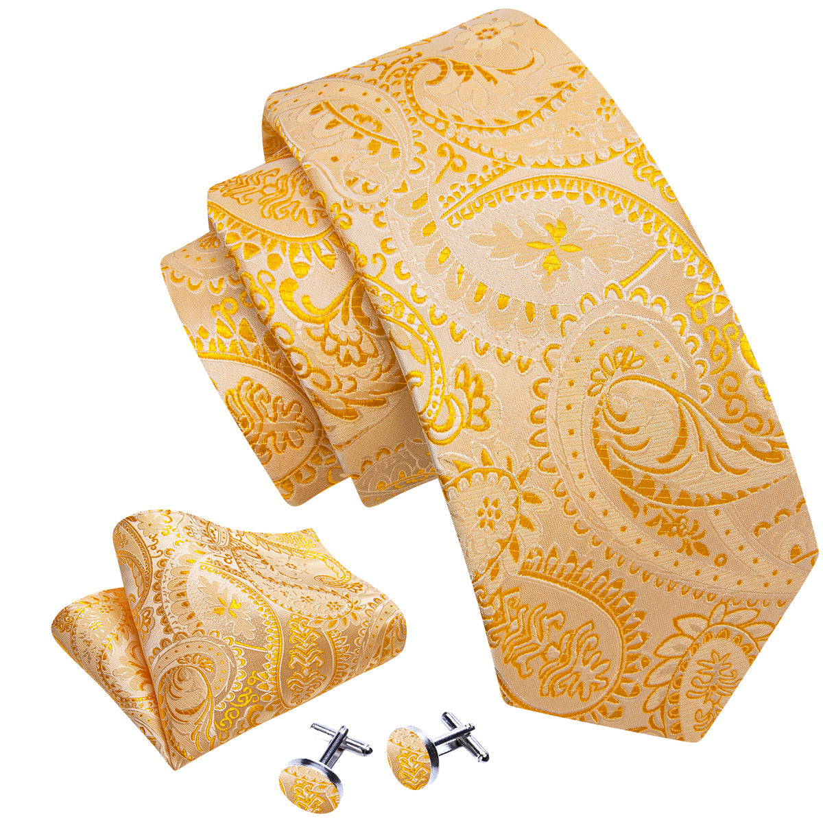 Light Orange Silver Paisley Tie, Pocket Square and Cufflinks Set tie sets - Sophisticated Gentlemen