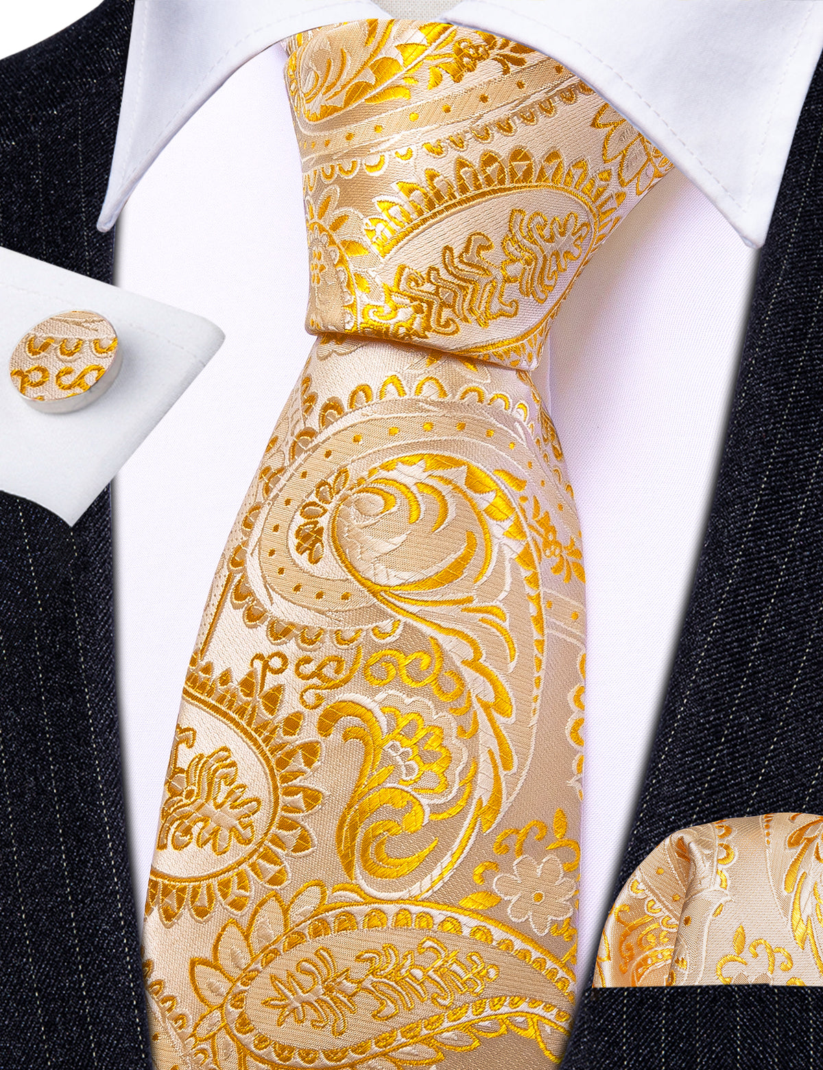 Light Orange Silver Paisley Tie, Pocket Square and Cufflinks Set tie sets - Sophisticated Gentlemen