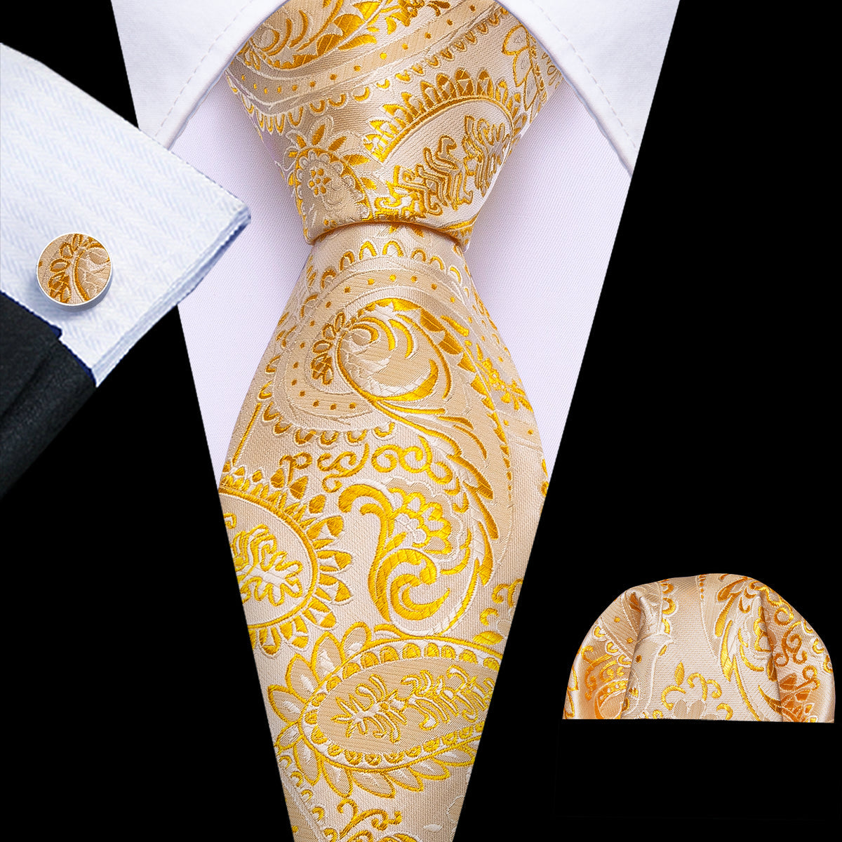 Light Orange Silver Paisley Tie, Pocket Square and Cufflinks Set tie sets - Sophisticated Gentlemen