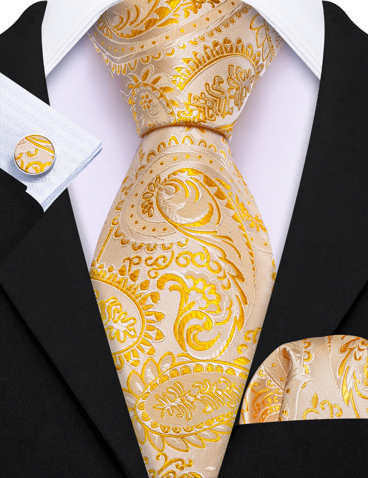Light Orange Silver Paisley Tie, Pocket Square and Cufflinks Set tie sets - Sophisticated Gentlemen