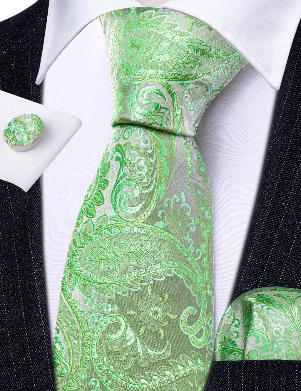 Light Green Paisley Silk Tie, Pocket Square and Cufflinks Set tie sets - Sophisticated Gentlemen