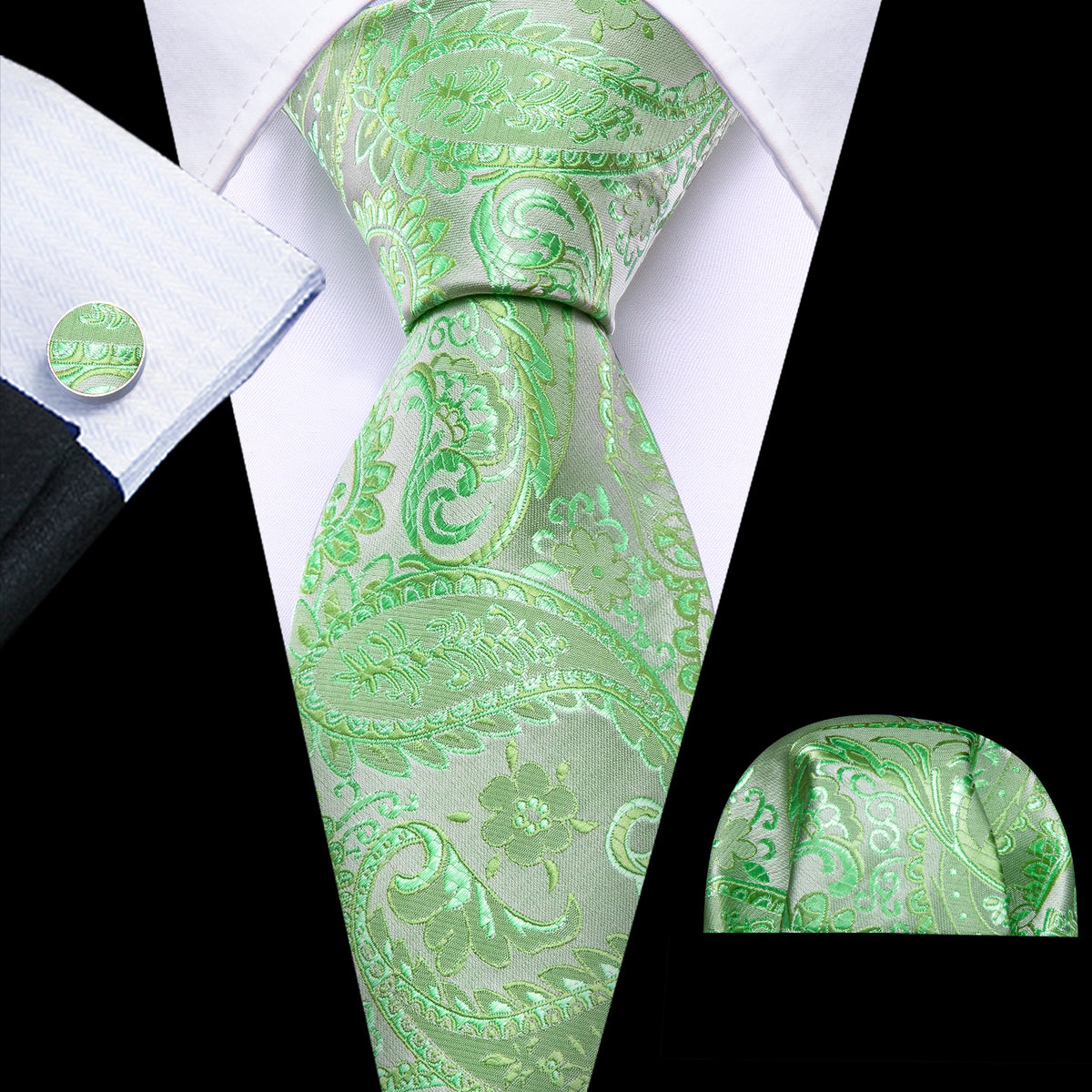 Light Green Paisley Silk Tie, Pocket Square and Cufflinks Set tie sets - Sophisticated Gentlemen