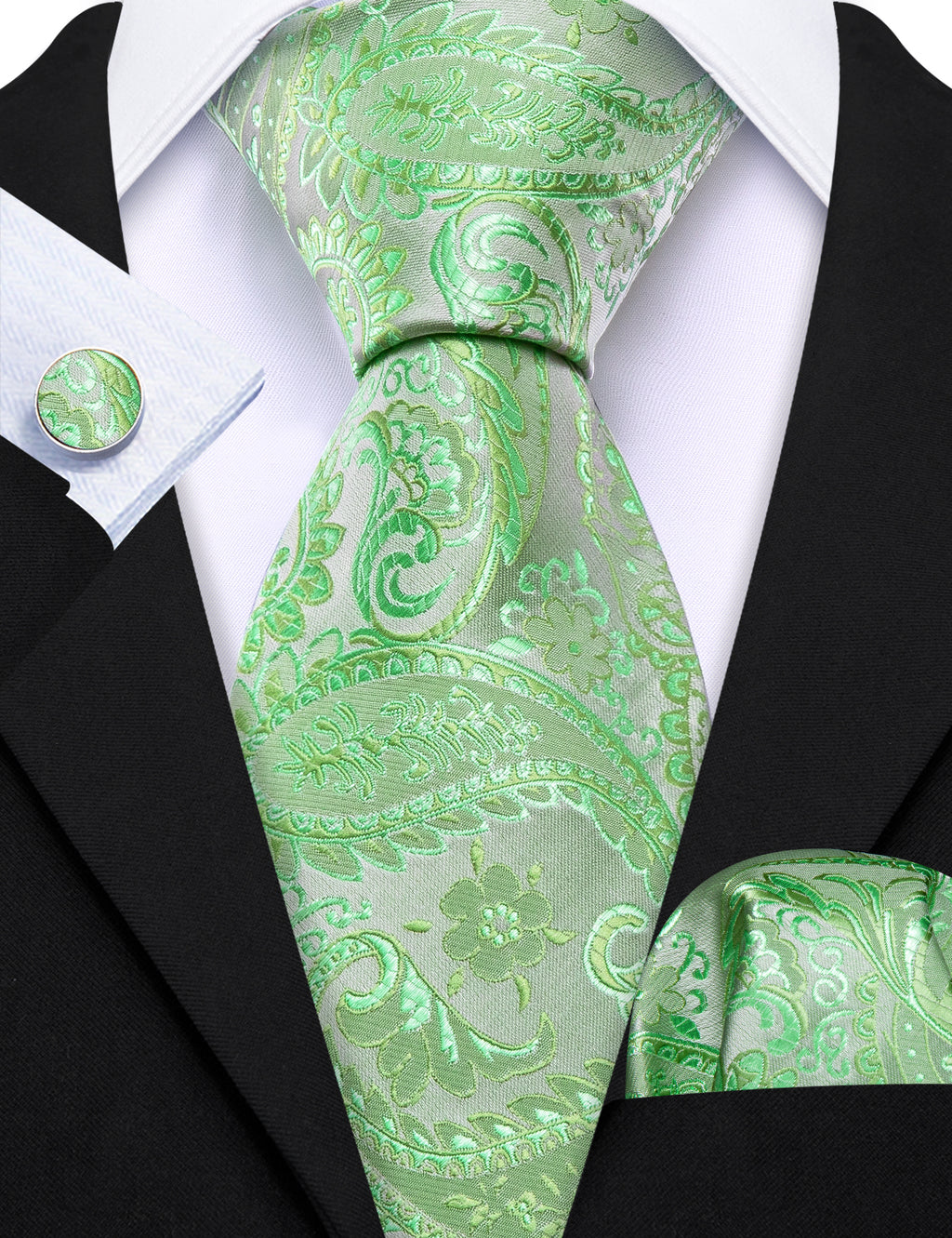 Light Green Paisley Silk Tie, Pocket Square and Cufflinks Set tie sets - Sophisticated Gentlemen