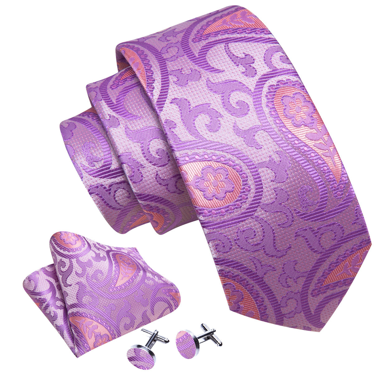 Lavender Purple Pink Paisley Silk Tie, Pocket Square and Cufflinks Set tie sets - Sophisticated Gentlemen