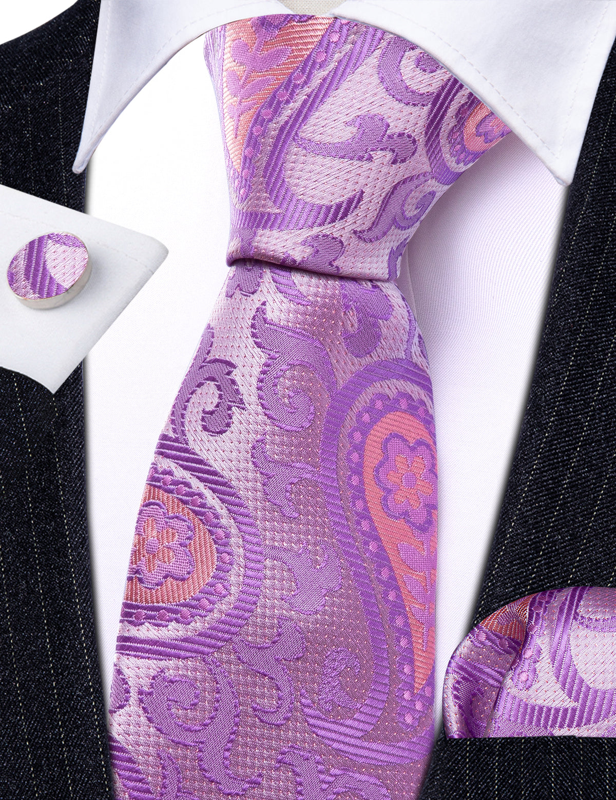 Lavender Purple Pink Paisley Silk Tie, Pocket Square and Cufflinks Set tie sets - Sophisticated Gentlemen