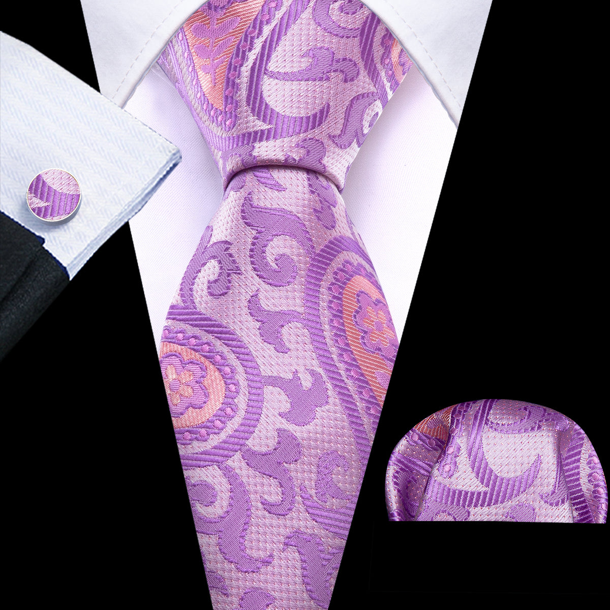 Lavender Purple Pink Paisley Silk Tie, Pocket Square and Cufflinks Set tie sets - Sophisticated Gentlemen
