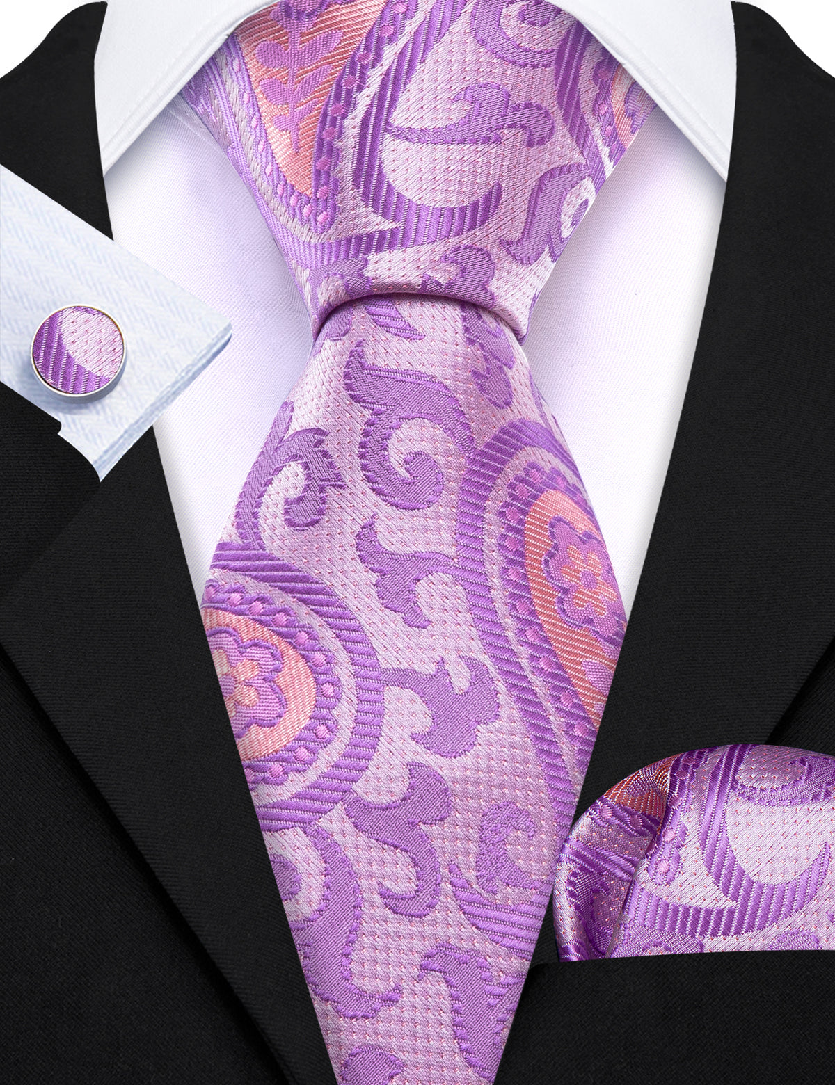 Lavender Purple Pink Paisley Silk Tie, Pocket Square and Cufflinks Set tie sets - Sophisticated Gentlemen