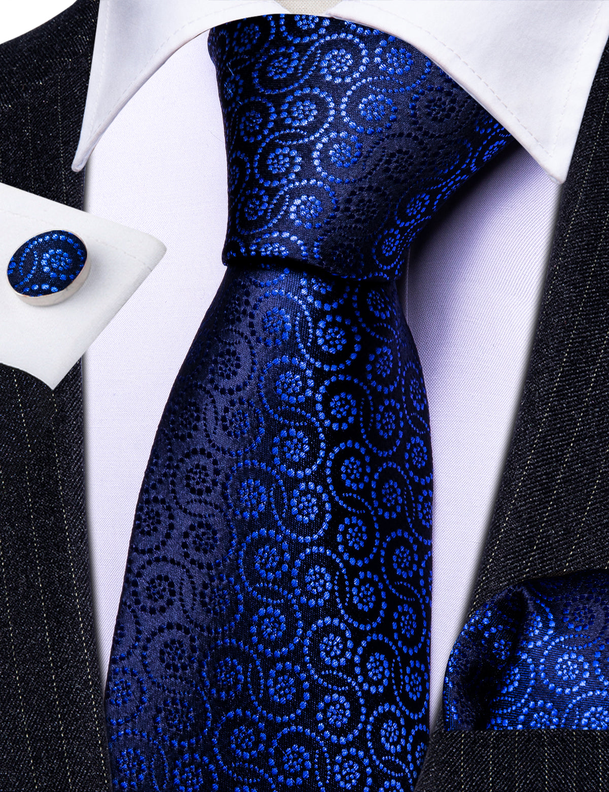 Navy Blue Novetly Silk Tie, Pocket Square and Cufflinks Set tie sets - Sophisticated Gentlemen