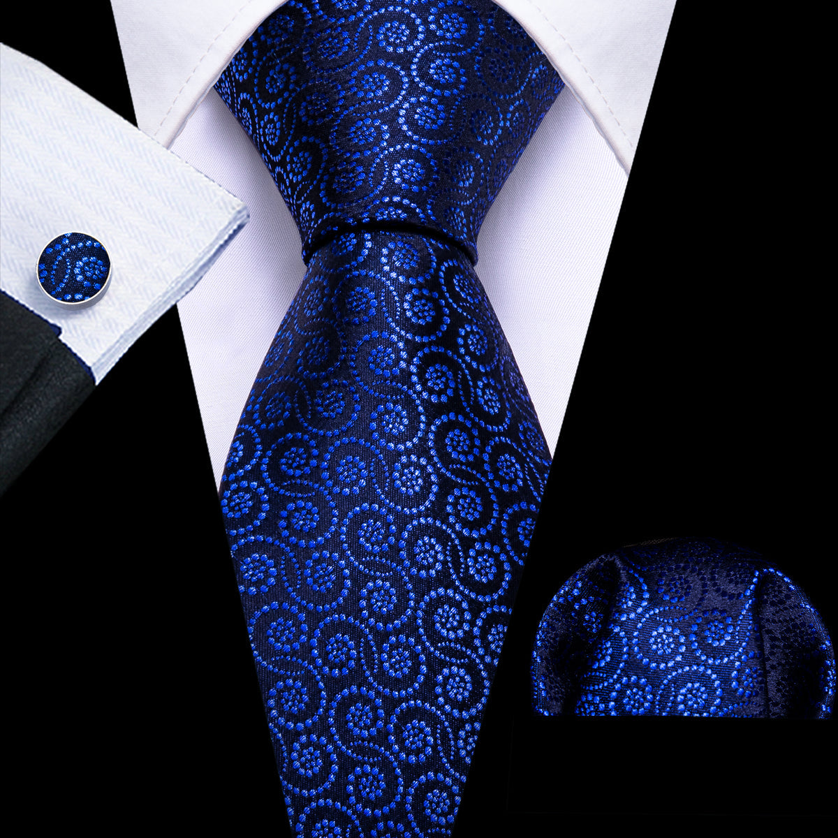 Navy Blue Novetly Silk Tie, Pocket Square and Cufflinks Set tie sets - Sophisticated Gentlemen