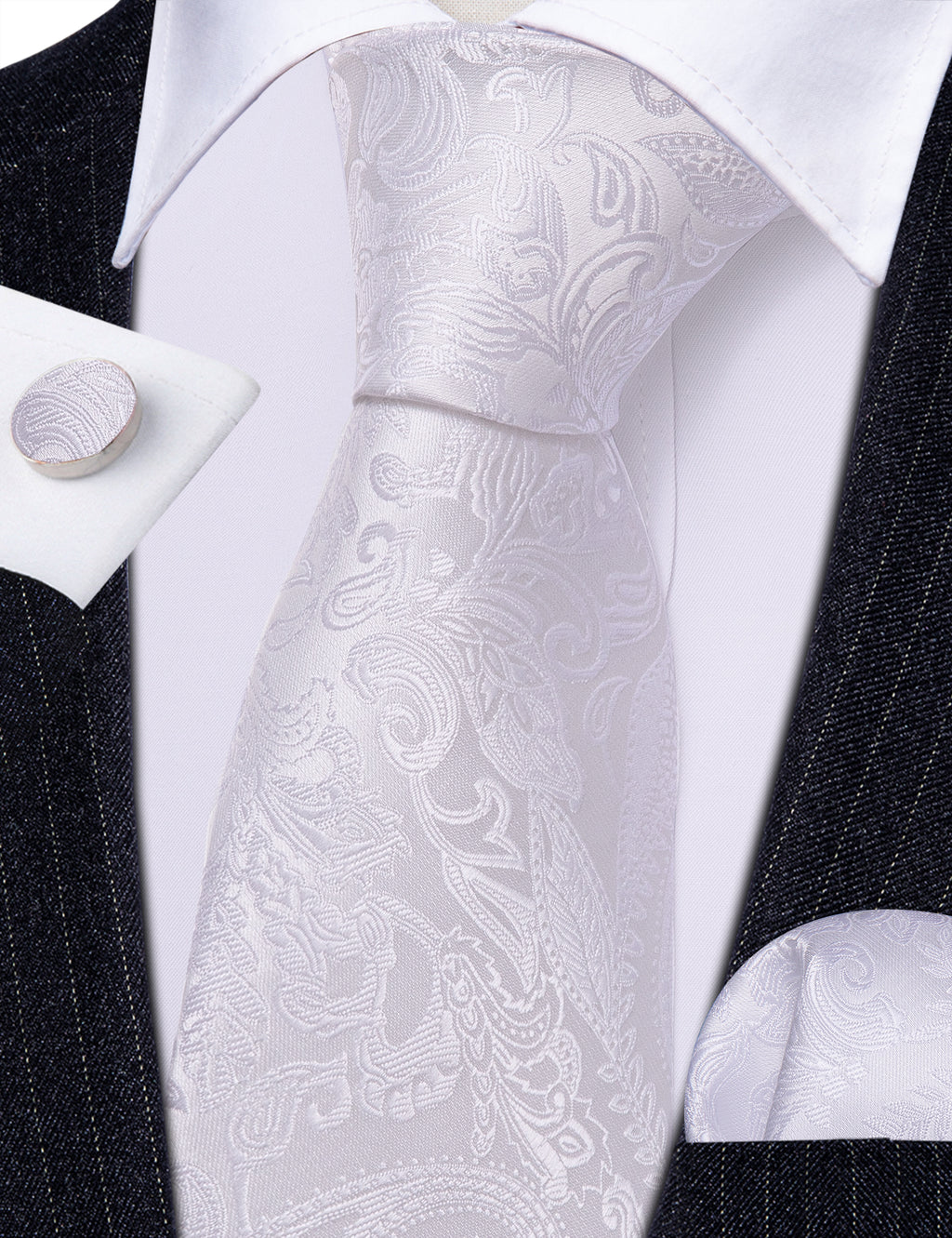 White Paisley Jacquard Silk Tie, Pocket Square and Cufflinks Set tie sets - Sophisticated Gentlemen
