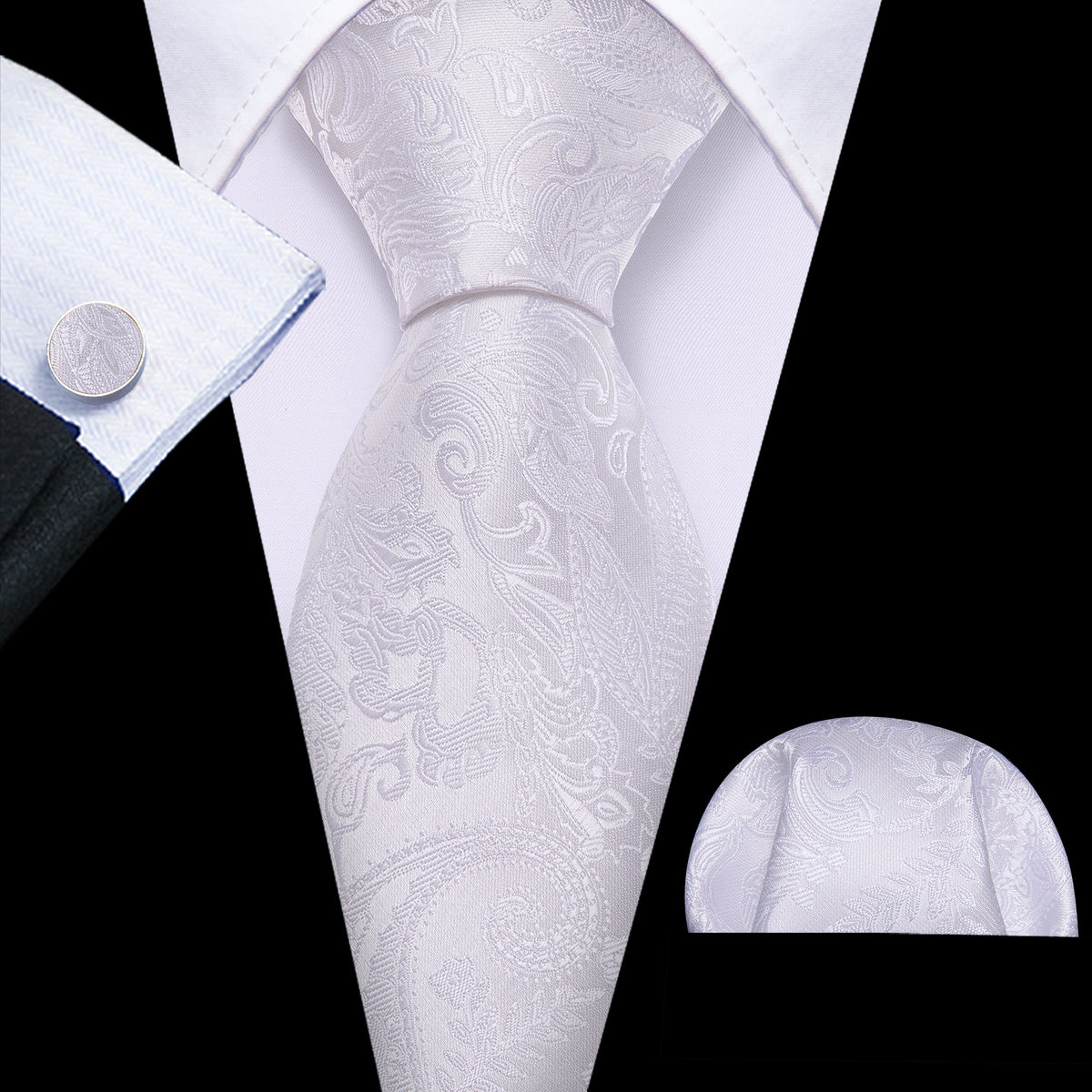 White Paisley Jacquard Silk Tie, Pocket Square and Cufflinks Set tie sets - Sophisticated Gentlemen