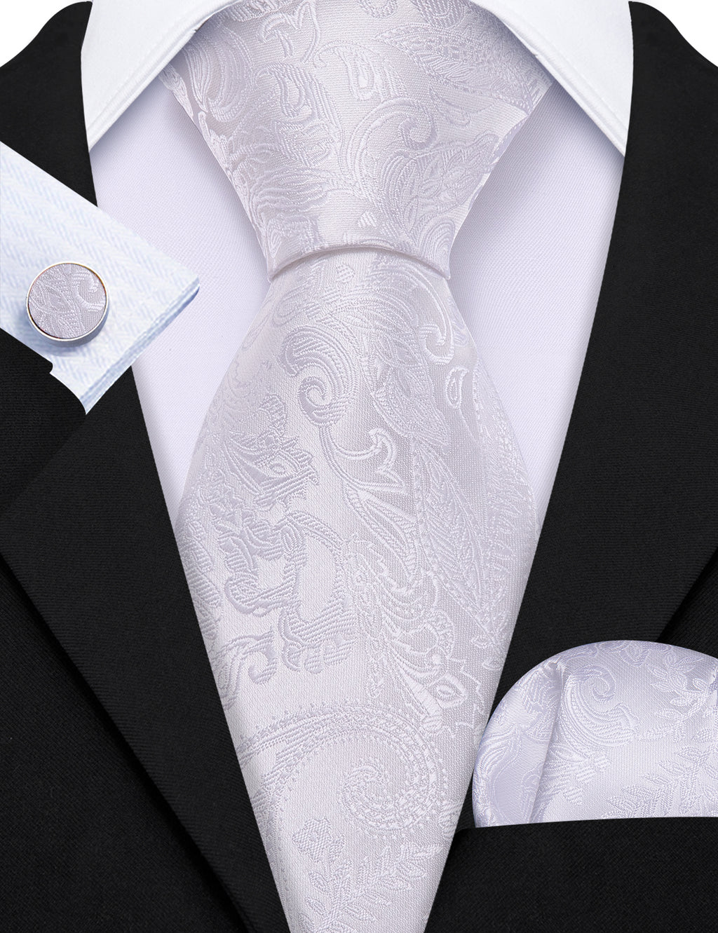 White Paisley Jacquard Silk Tie, Pocket Square and Cufflinks Set tie sets - Sophisticated Gentlemen