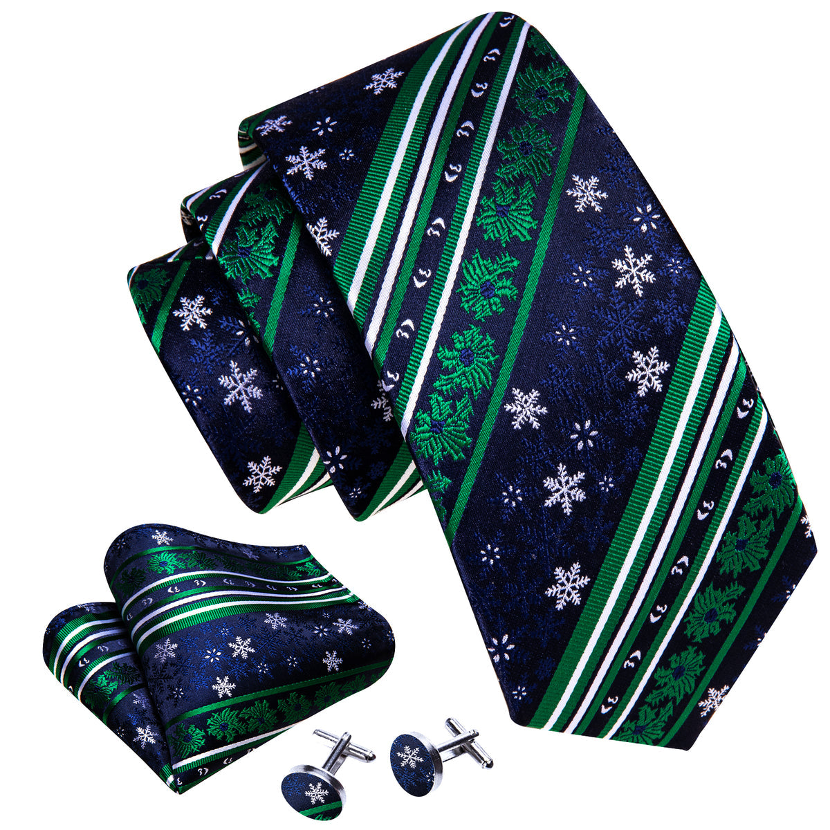 Teal & Sapphire Christmas Snowflake Silk Tie, Pocket Square, and Cufflinks Set tie sets - Sophisticated Gentlemen