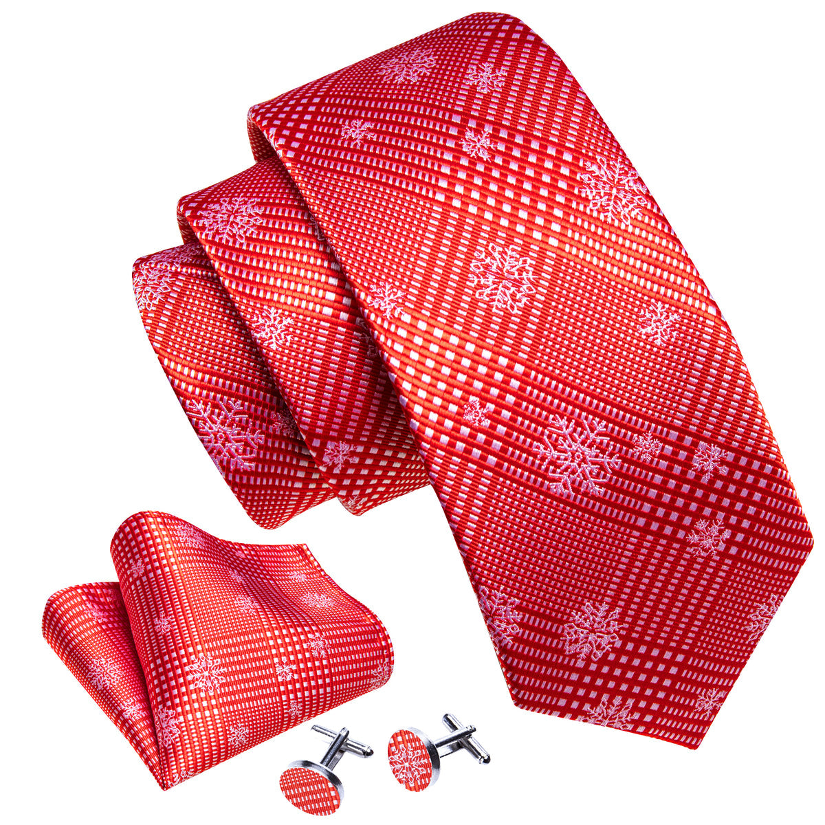 Red White Striped Christmas Snowflake Silk Tie, Pocket Square and Cufflinks Set tie sets - Sophisticated Gentlemen