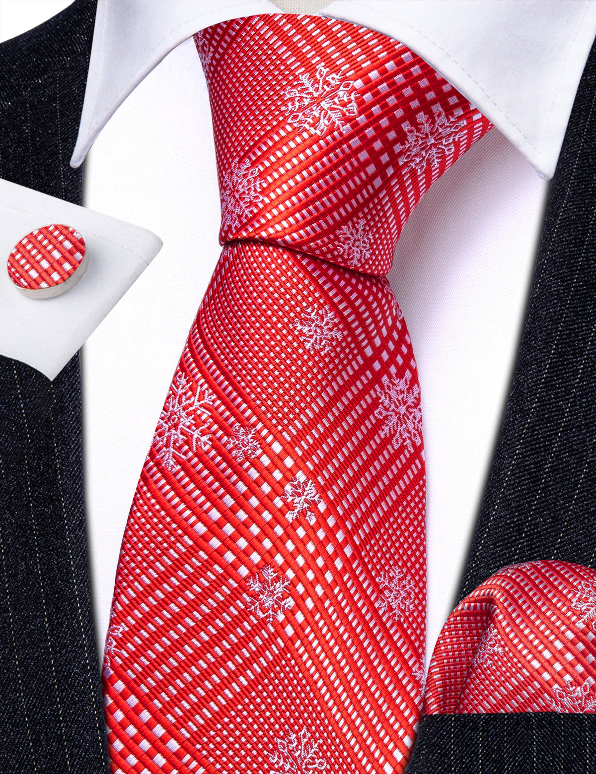 Red White Striped Christmas Snowflake Silk Tie, Pocket Square and Cufflinks Set tie sets - Sophisticated Gentlemen