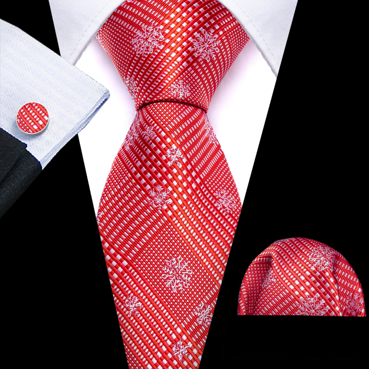 Red White Striped Christmas Snowflake Silk Tie, Pocket Square and Cufflinks Set tie sets - Sophisticated Gentlemen
