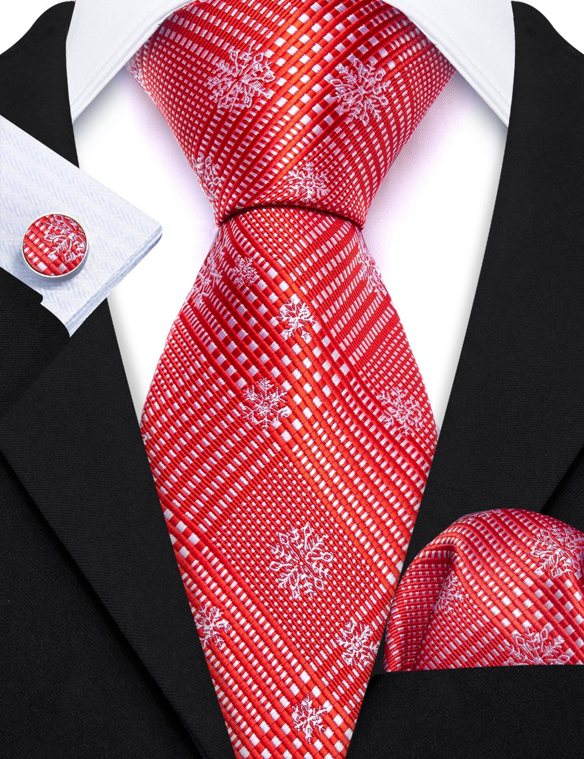 Red White Striped Christmas Snowflake Silk Tie, Pocket Square and Cufflinks Set tie sets - Sophisticated Gentlemen