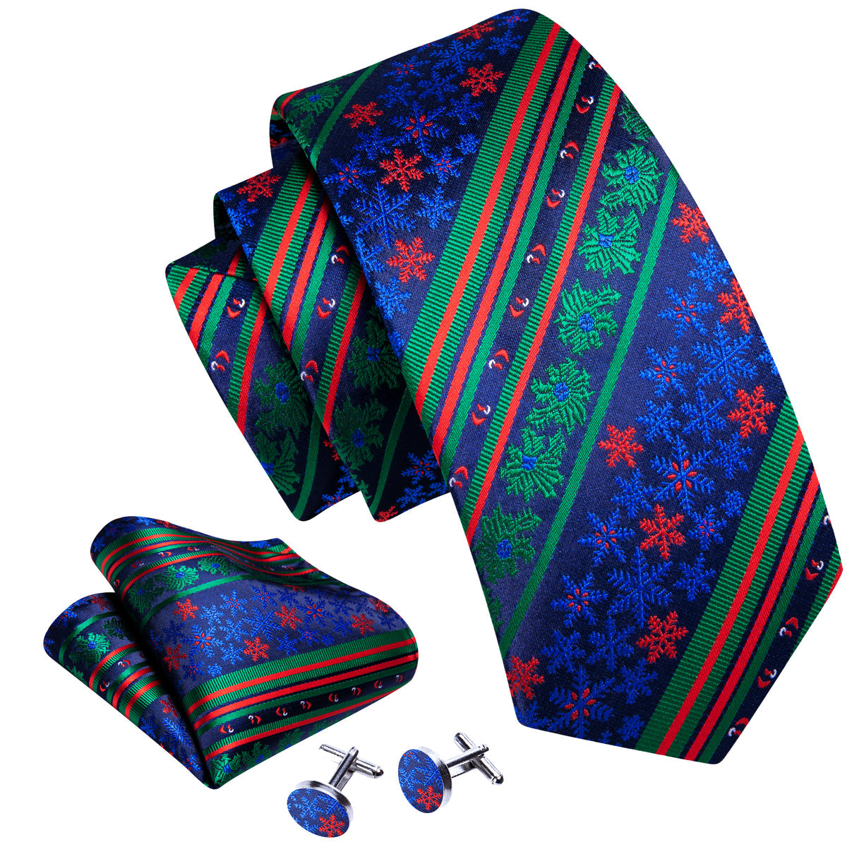 Teal & Forest Green Christmas Striped Floral Tie, Pocket Square, and Cufflinks Set tie sets - Sophisticated Gentlemen