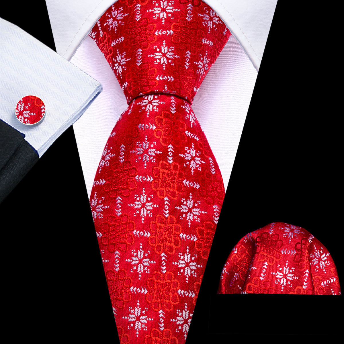 Crimson Snowflake Christmas Silk Tie, Pocket Square, and Cufflinks Set tie sets - Sophisticated Gentlemen