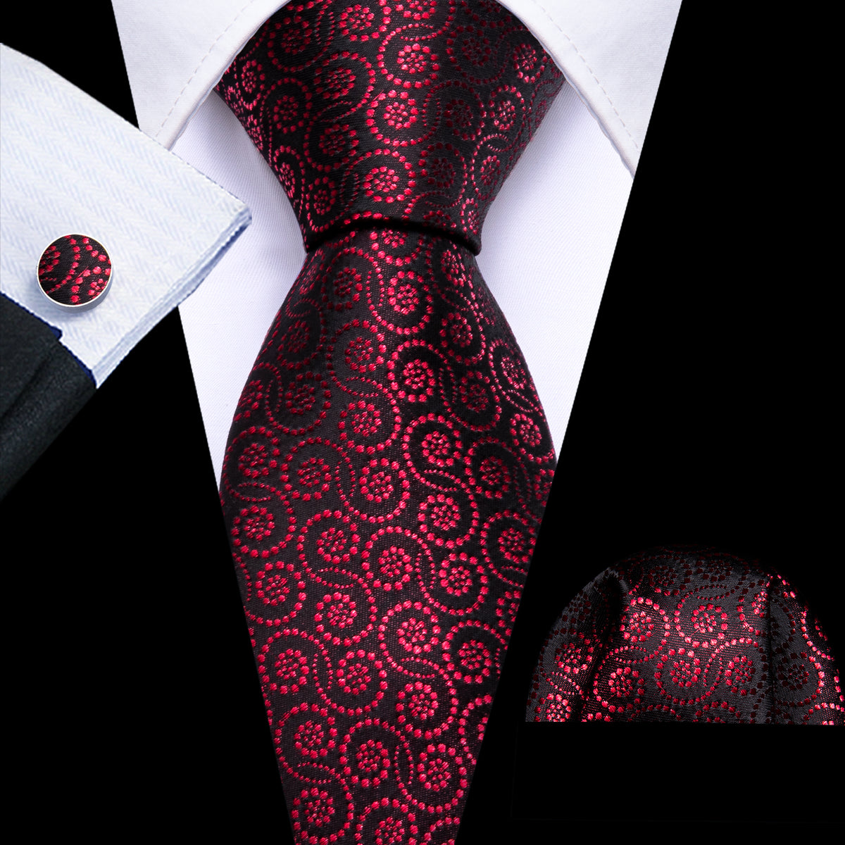 Red Novelty Floral Silk Tie, Pocket Square and Cufflinks Set tie sets - Sophisticated Gentlemen