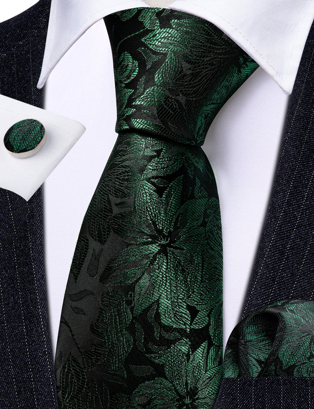 Black Green Flower Silk Tie, Pocket Square and Cufflinks Set tie sets - Sophisticated Gentlemen