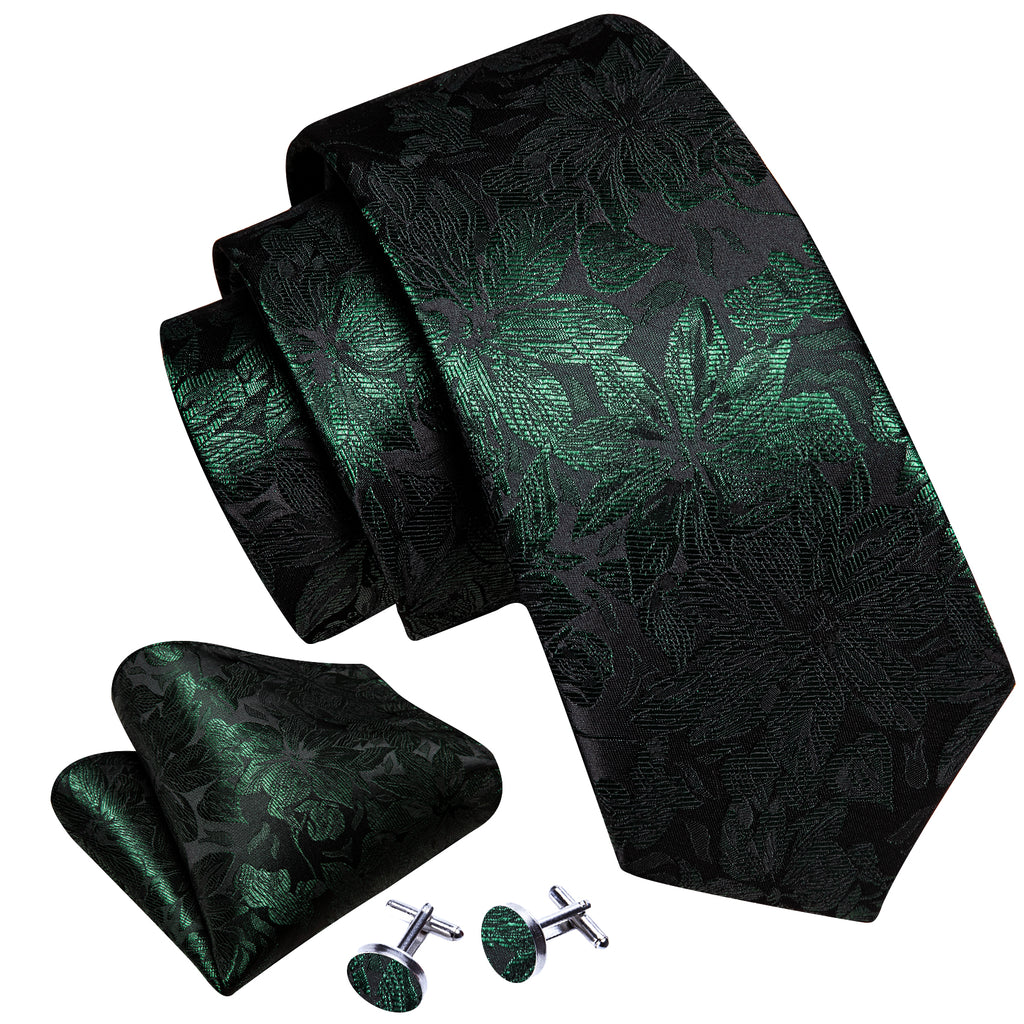 Black Green Flower Silk Tie, Pocket Square and Cufflinks Set tie sets - Sophisticated Gentlemen