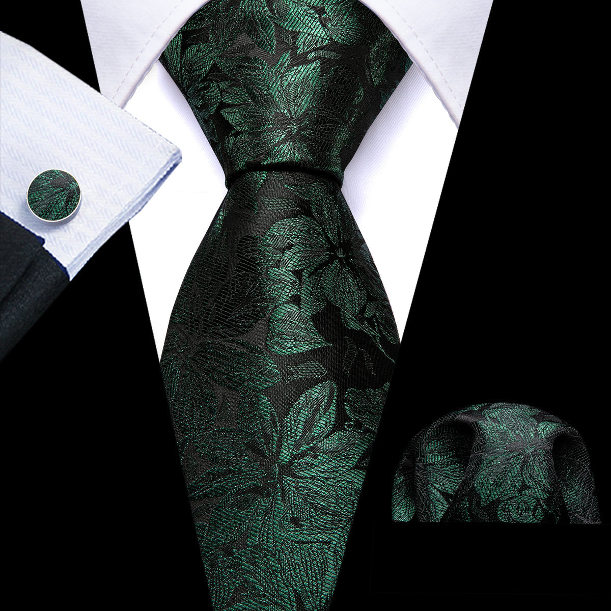 Black Green Flower Silk Tie, Pocket Square and Cufflinks Set tie sets - Sophisticated Gentlemen
