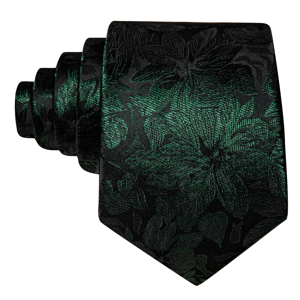 Black Green Flower Silk Tie, Pocket Square and Cufflinks Set tie sets - Sophisticated Gentlemen
