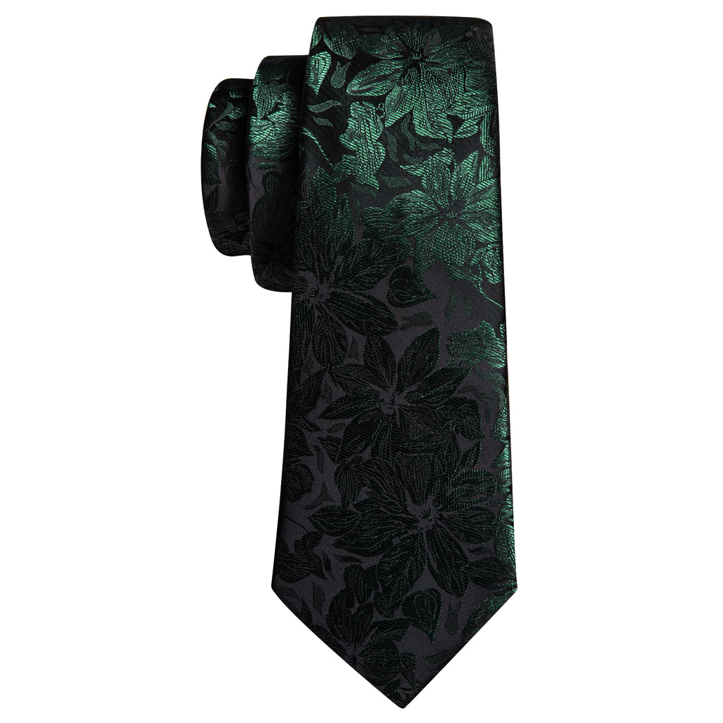 Black Green Flower Silk Tie, Pocket Square and Cufflinks Set tie sets - Sophisticated Gentlemen