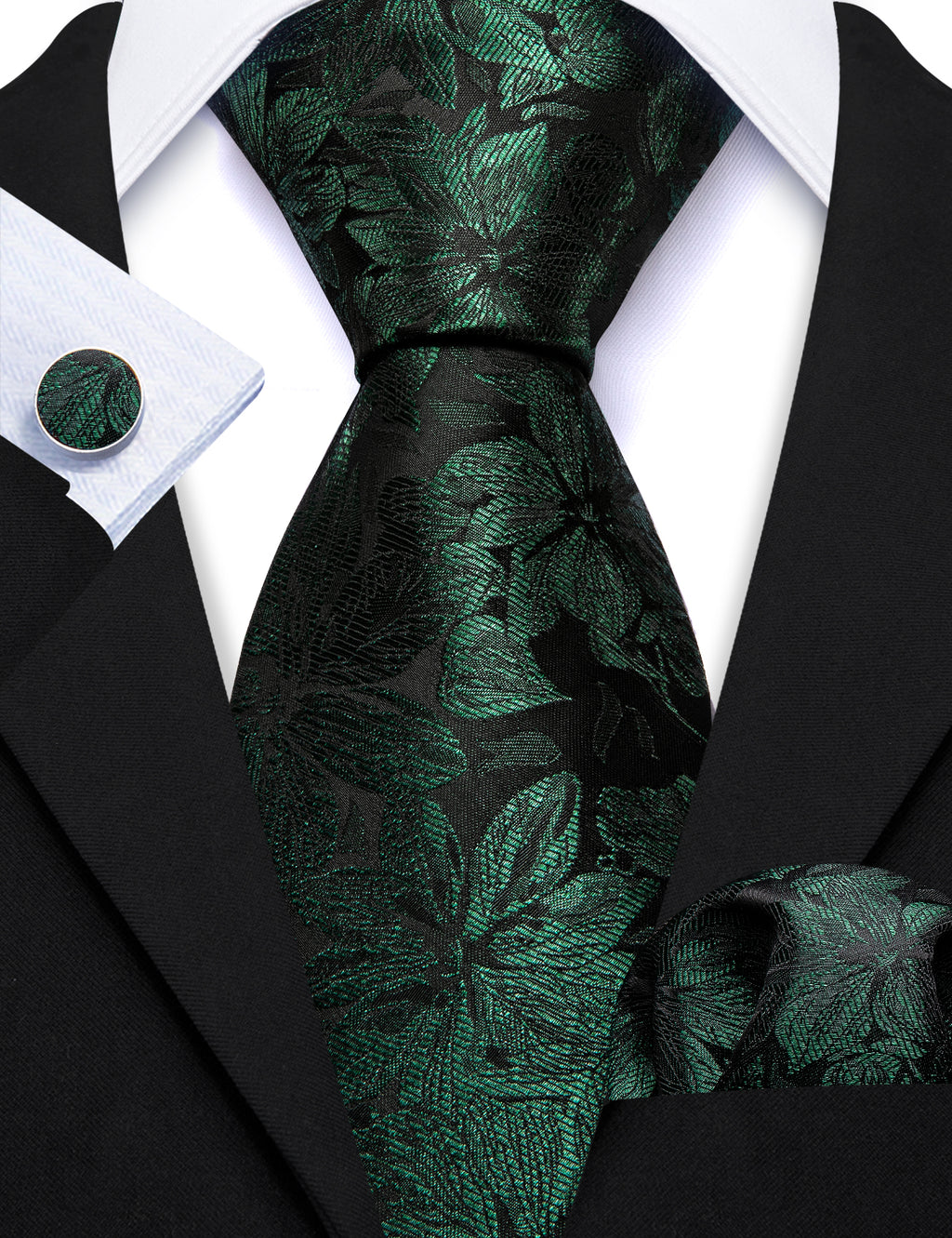 Black Green Flower Silk Tie, Pocket Square and Cufflinks Set tie sets - Sophisticated Gentlemen