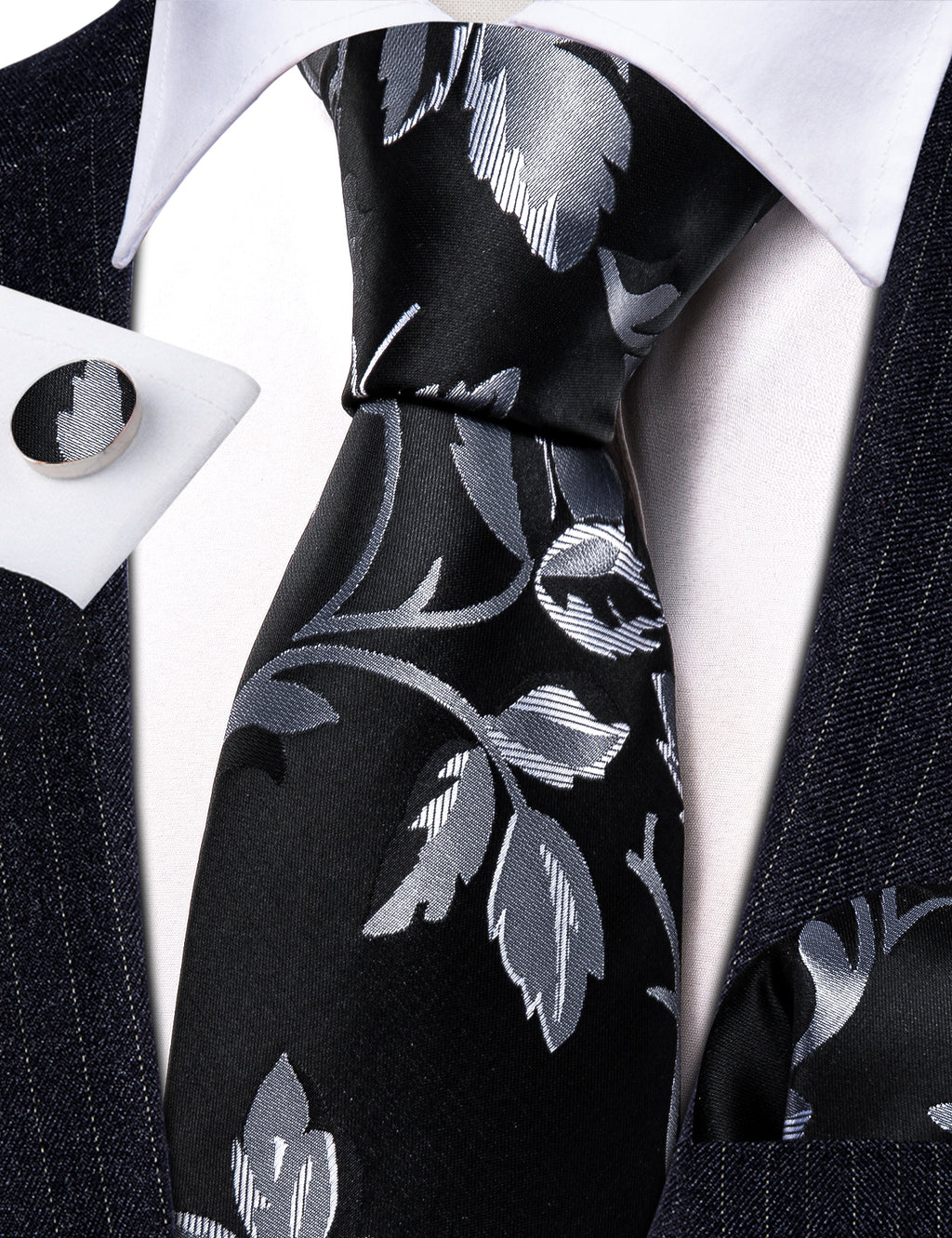 Black Silver Flower Floral Silk Tie, Pocket Square and Cufflinks Set tie sets - Sophisticated Gentlemen