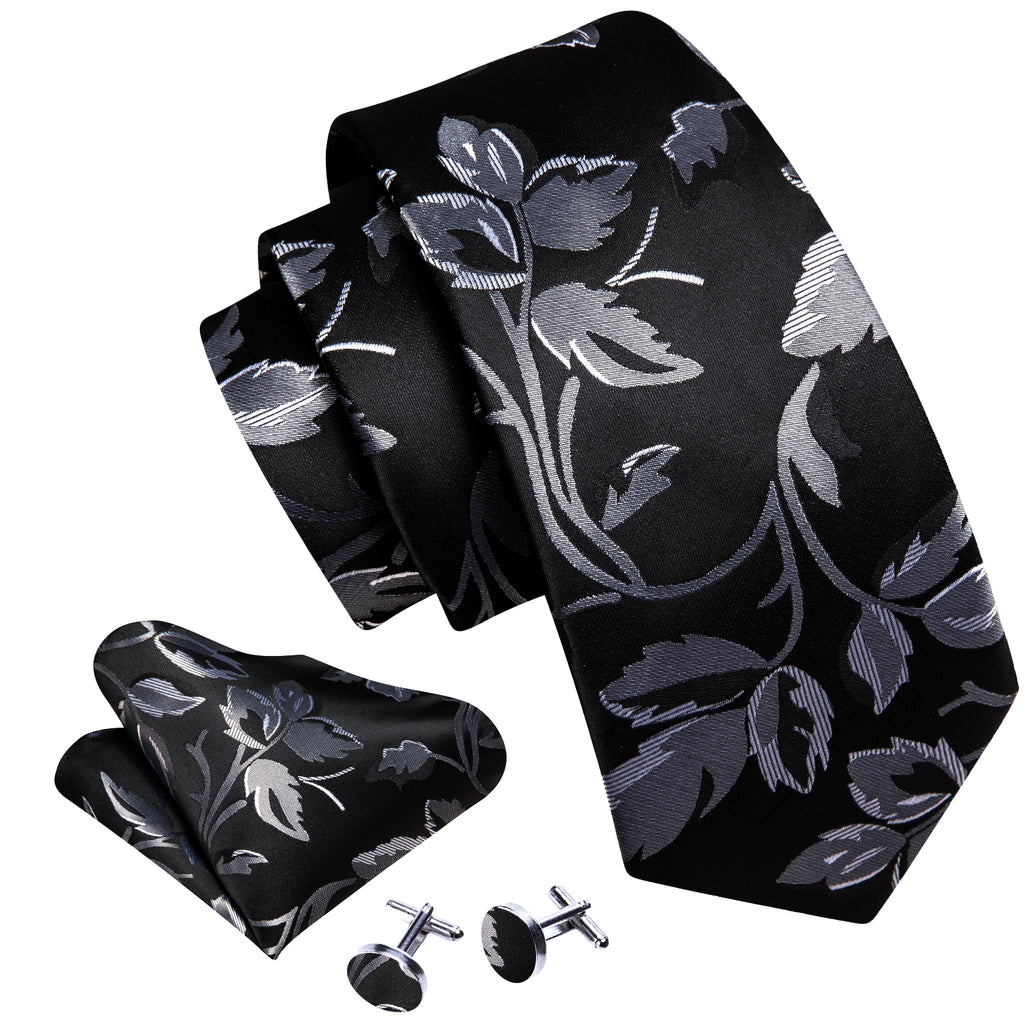 Black Silver Flower Floral Silk Tie, Pocket Square and Cufflinks Set tie sets - Sophisticated Gentlemen