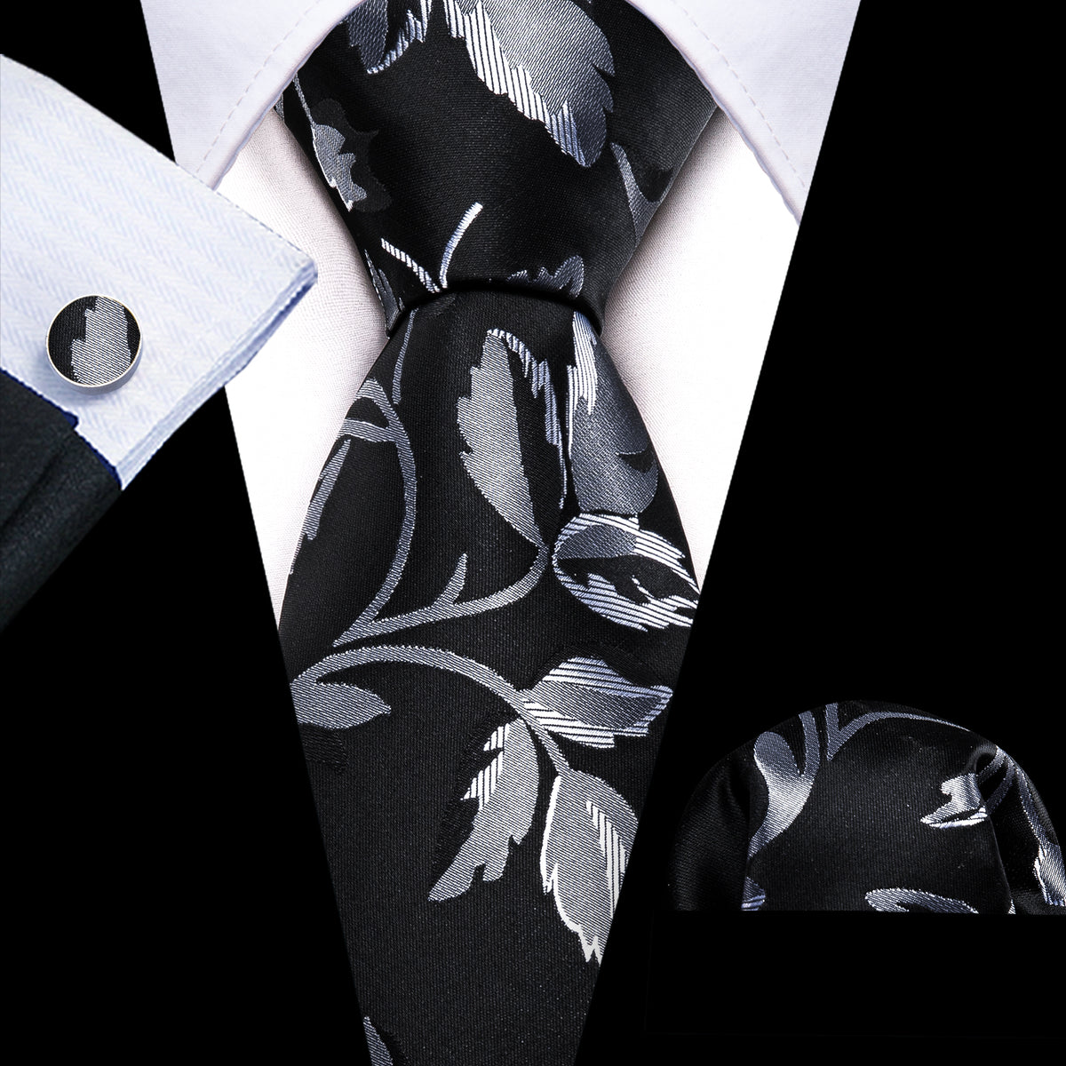 Black Silver Flower Floral Silk Tie, Pocket Square and Cufflinks Set tie sets - Sophisticated Gentlemen