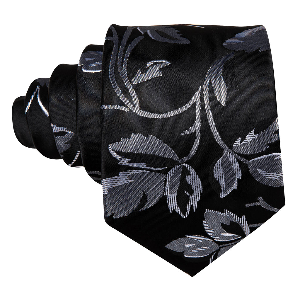 Black Silver Flower Floral Silk Tie, Pocket Square and Cufflinks Set tie sets - Sophisticated Gentlemen