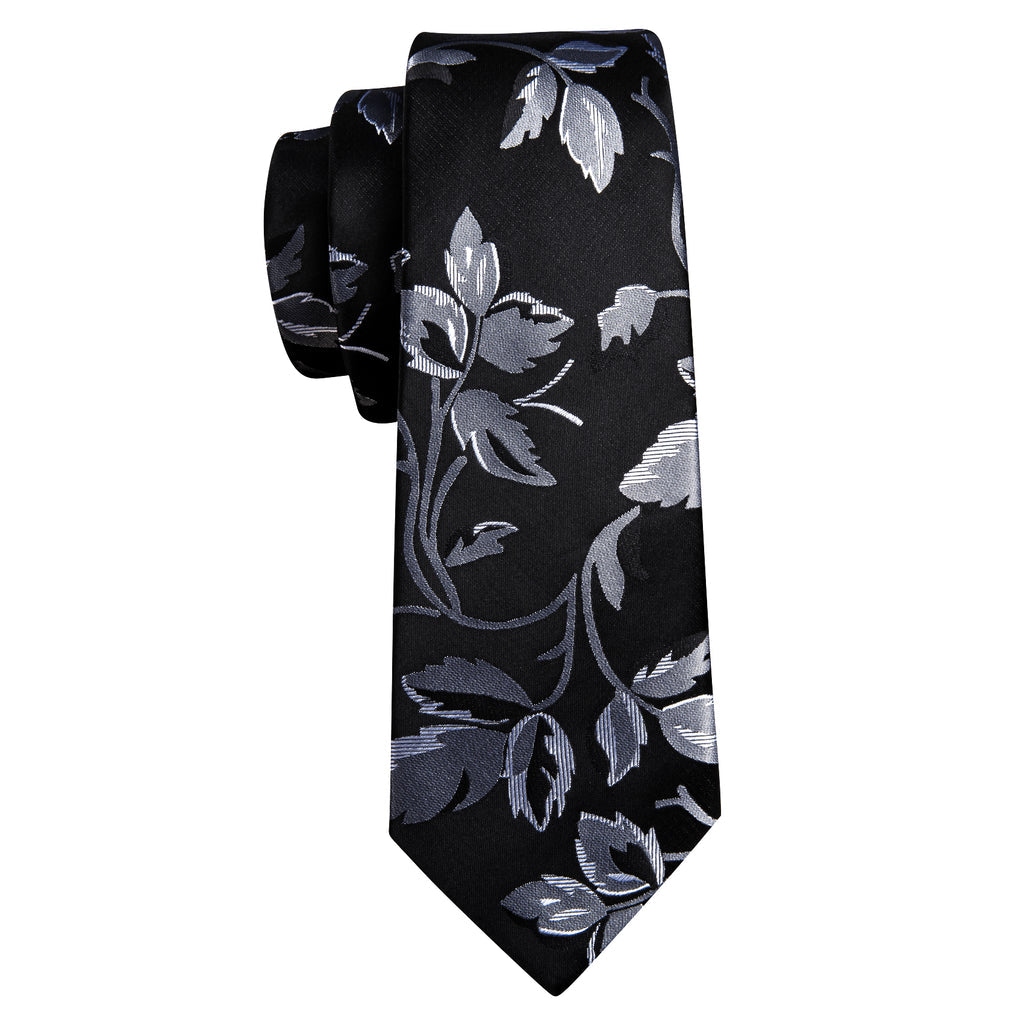Black Silver Flower Floral Silk Tie, Pocket Square and Cufflinks Set tie sets - Sophisticated Gentlemen