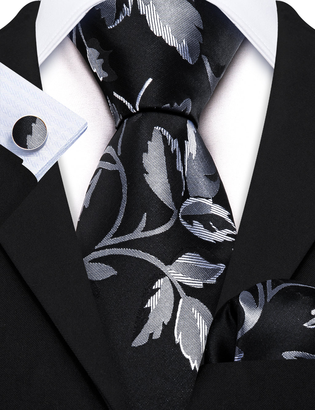 Black Silver Flower Floral Silk Tie, Pocket Square and Cufflinks Set tie sets - Sophisticated Gentlemen
