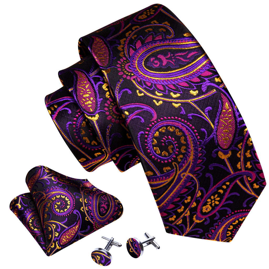 Black Purple Paisley Silk Tie, Pocket Square and Cufflinks Set tie sets - Sophisticated Gentlemen