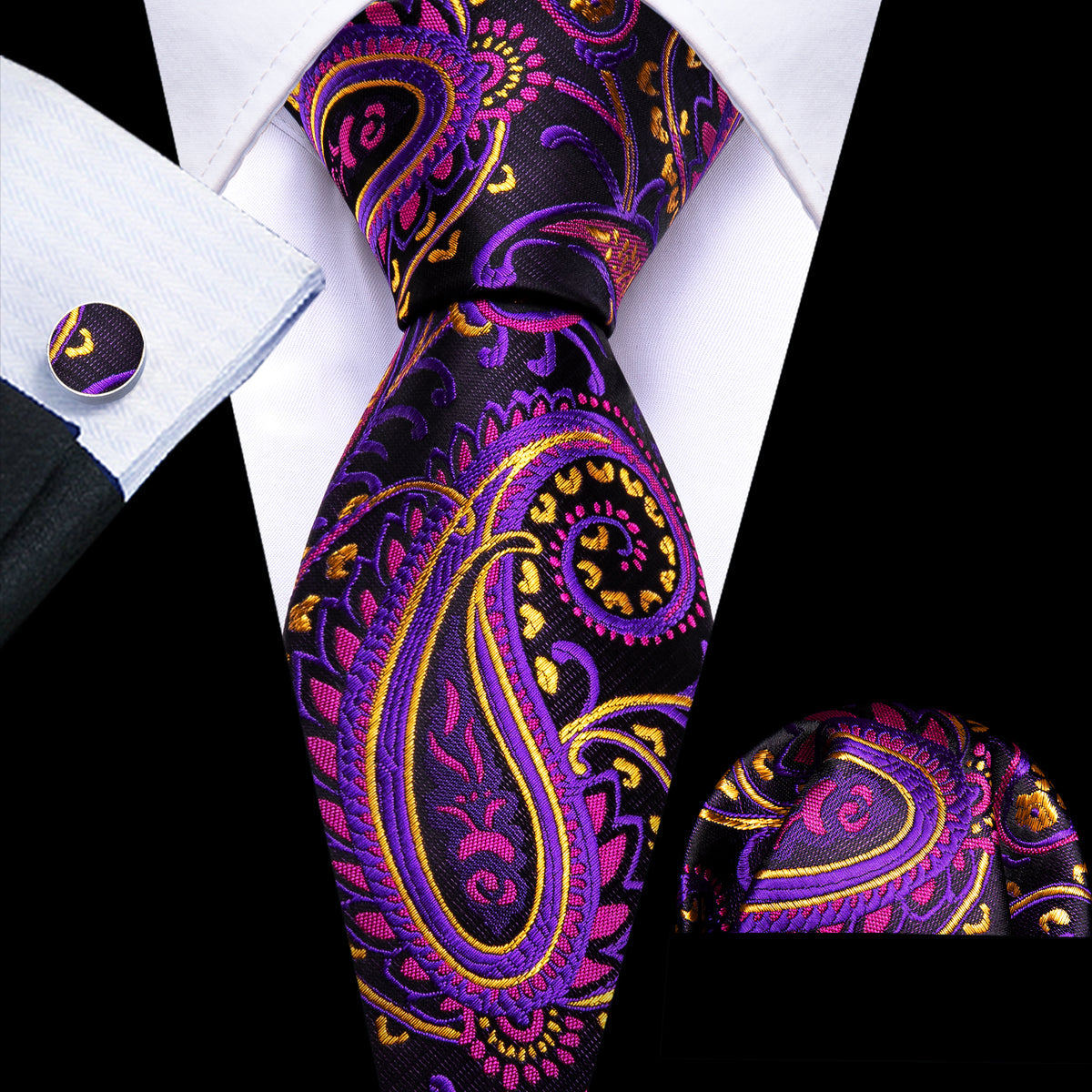 Black Purple Paisley Silk Tie, Pocket Square and Cufflinks Set tie sets - Sophisticated Gentlemen