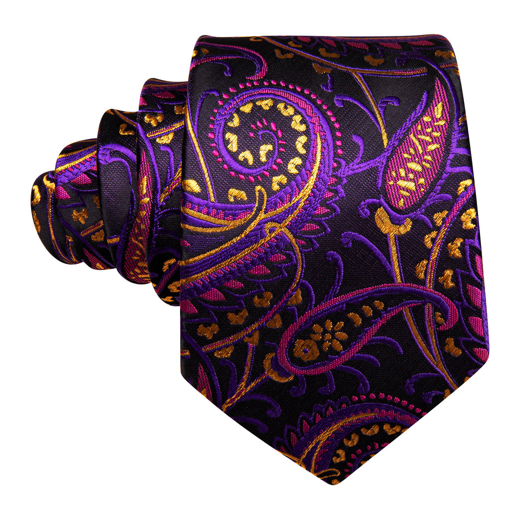 Black Purple Paisley Silk Tie, Pocket Square and Cufflinks Set tie sets - Sophisticated Gentlemen