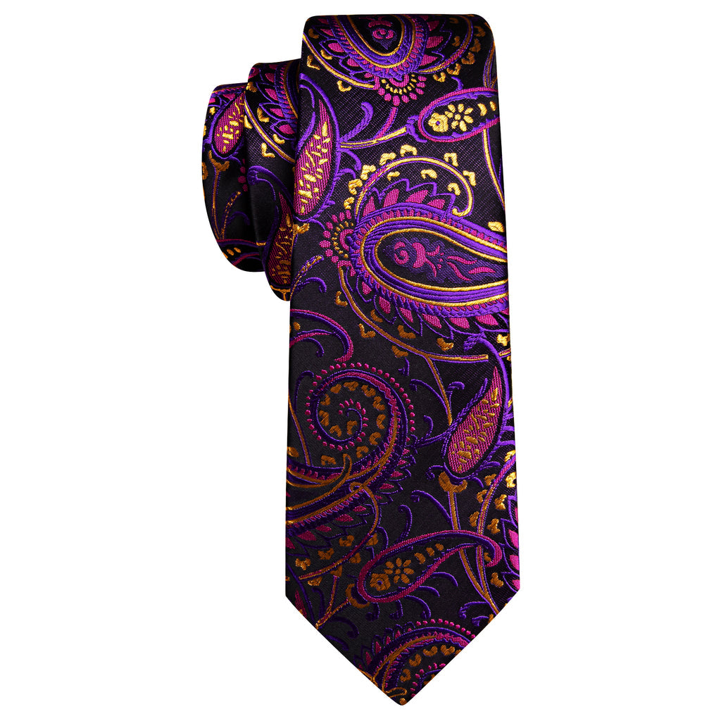 Black Purple Paisley Silk Tie, Pocket Square and Cufflinks Set tie sets - Sophisticated Gentlemen