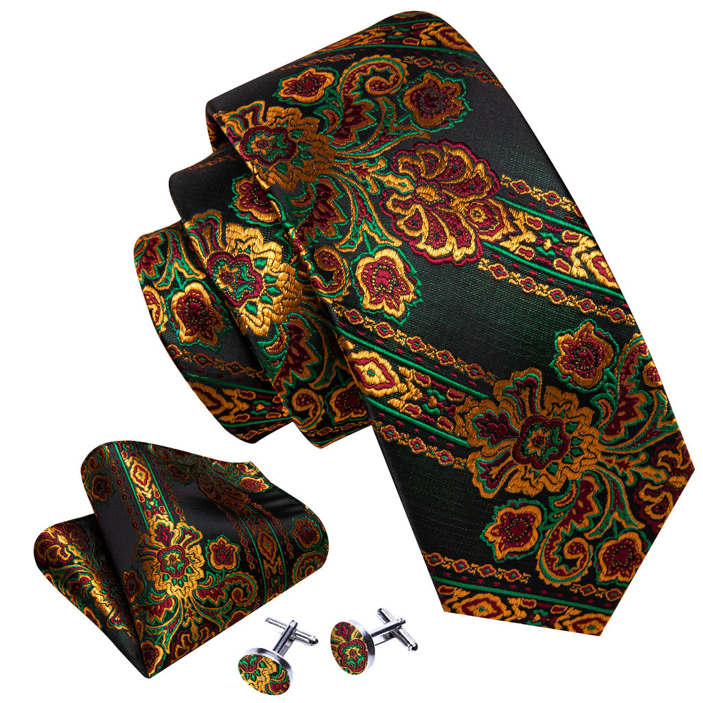 Black Gold Green Paisley Silk Tie, Pocket Square and Cufflinks Set tie sets - Sophisticated Gentlemen