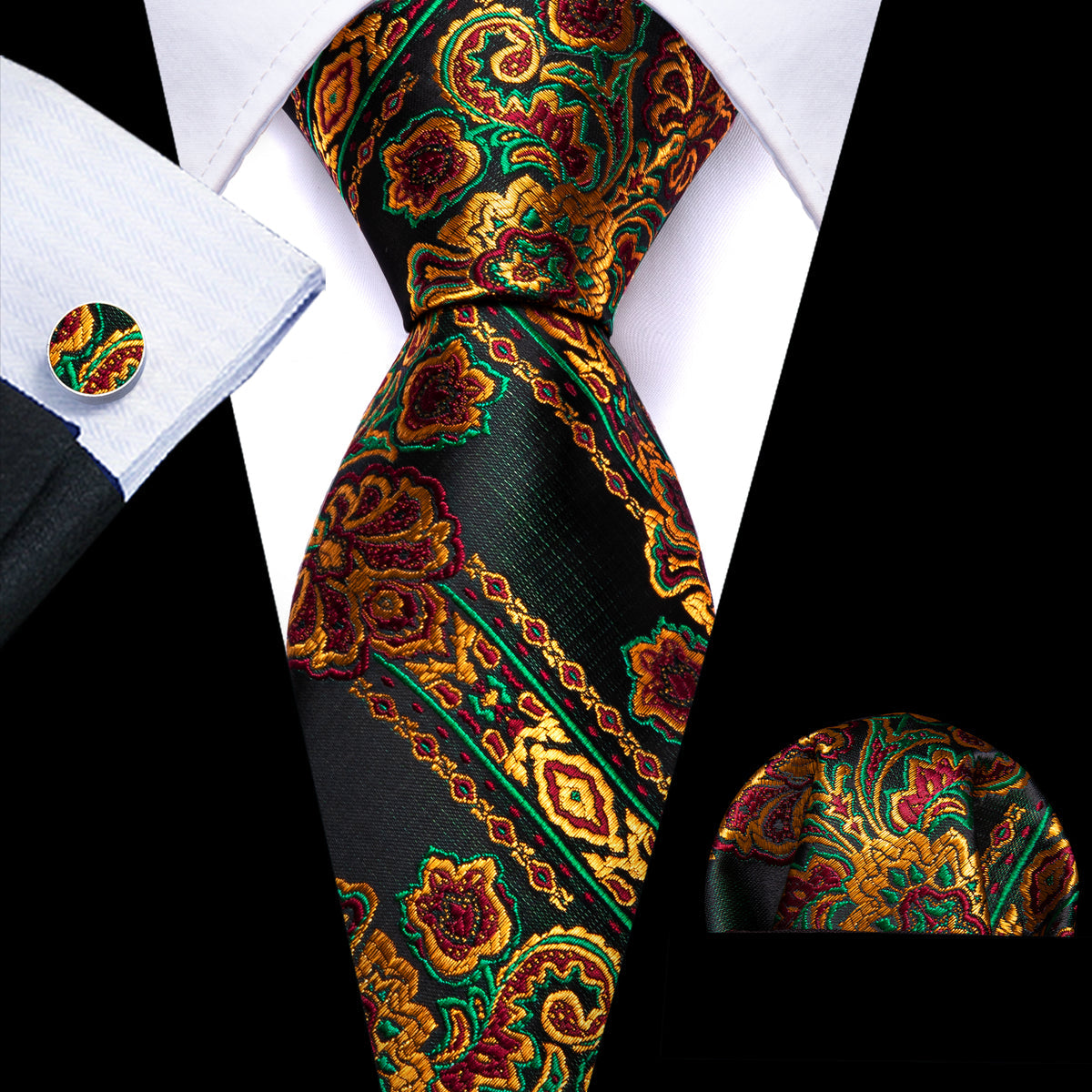 Black Gold Green Paisley Silk Tie, Pocket Square and Cufflinks Set tie sets - Sophisticated Gentlemen