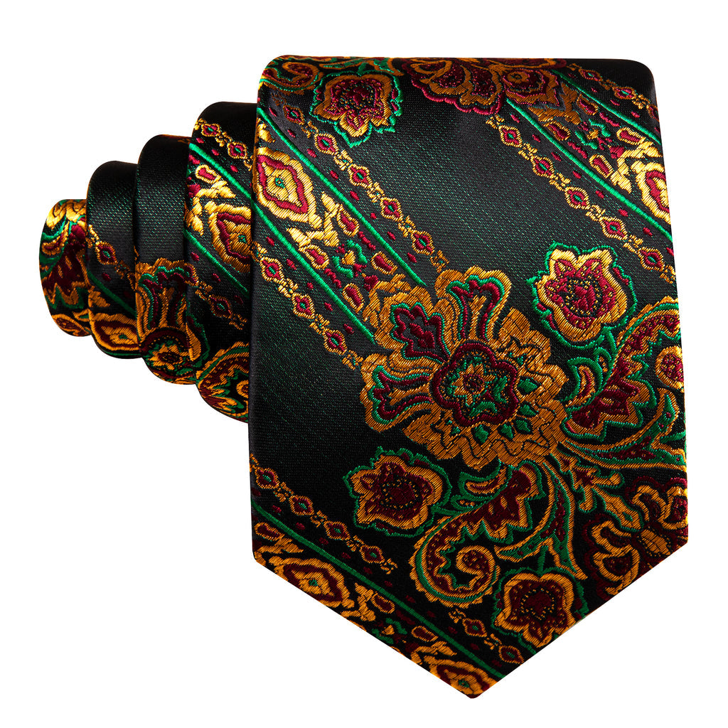 Black Gold Green Paisley Silk Tie, Pocket Square and Cufflinks Set tie sets - Sophisticated Gentlemen
